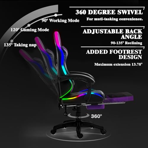 Czlolo RGB LED Lights Gaming Chair with Footrest for Adults and Kids, Lumbar Support Massager Video Game Chair, High Back Reclining Gamer Chair with Headrest, Swivel Office Computer Desk Chair(Purple) Czlolo