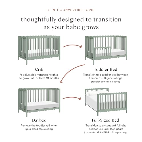 babyletto Swell 4-in-1 Convertible Crib with Toddler Bed Conversion Kit in Light Sage, Greenguard Gold Certified