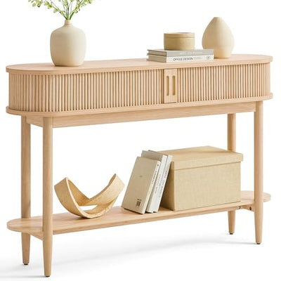 LINSY Fluted Console Table with Storage, Entryway Table Wood Entrance Tables for Front Door, Behind Couch Sofa Table with Shelves, Foyer Tables for Hallways, Living Room Boho Furniture, Light Wood