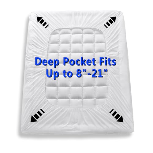 GERHOME Full Size Quilted Fitted Mattress Pad Cover with Deep Pocket Fitted 8" - 21", Ultra Soft and Comfortable, Breathable (White, Full) GERHOME