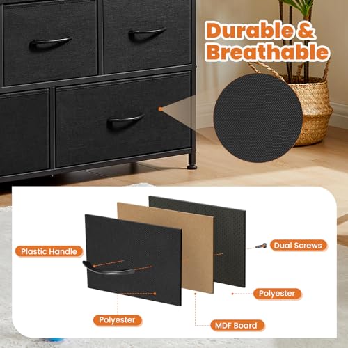 Sweetcrispy Dresser for Bedroom with 5 Storage Drawers, Fabric Storage Tower Organizer, Chest of Drawers with Metal Frame Wooden Top for Closet, Living Room, Entryway, Black Sweetcrispy
