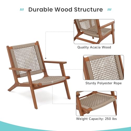Verano Garden Set of 2 Patio Lounge Chair, Modern Acacia Wood Accent Armchair with Handwoven Rope for Patio,Living Room, Bedroom, Balcony (Beige)
