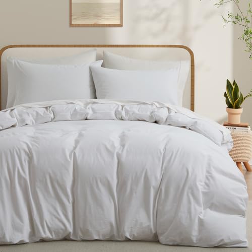 100% Washed Cotton Duvet Cover Queen Size, White Linen Like Breathable Natural Bedding Set (No Comforter), 90x90 Inches LOVQUE