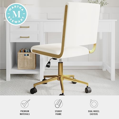 Martha Stewart Lulu Swivel Task Chair with Height Adjustable Seat for Home Office in Off White Faux Leather with Polished Brass Frame Martha Stewart