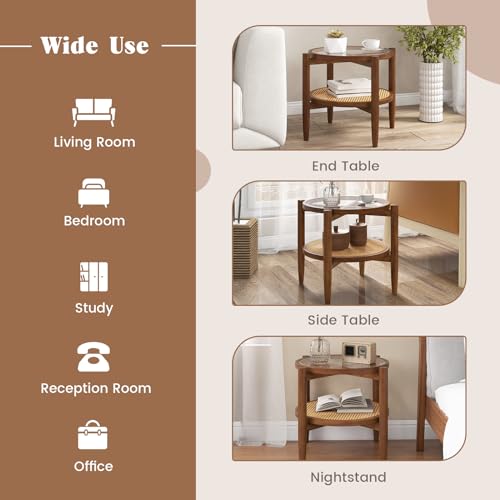 Giantex Rattan Round End Table, Walnut Boho Nightstand with Tempered Glass Top and Acacia Wood Legs, 2-Tier Side Table with Storage, Bedside Tables for Small Spaces Living Room Bedroom Giantex