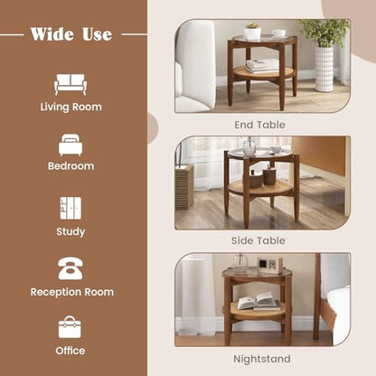 Giantex Rattan Round End Table, Walnut Boho Nightstand with Tempered Glass Top and Acacia Wood Legs, 2-Tier Side Table with Storage, Bedside Tables for Small Spaces Living Room Bedroom - WoodArtSupply