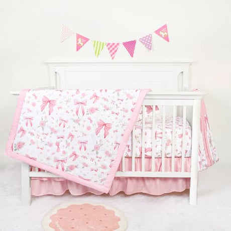 Jundetye Floral Crib Bedding Set for Girls, 4 Pieces Pink Baby Nursery Bedding Set for Standard Size Crib, Including Soft Comforter, Crib Sheet, Ruffled Crib Skirt, Diaper Stacker Jundetye