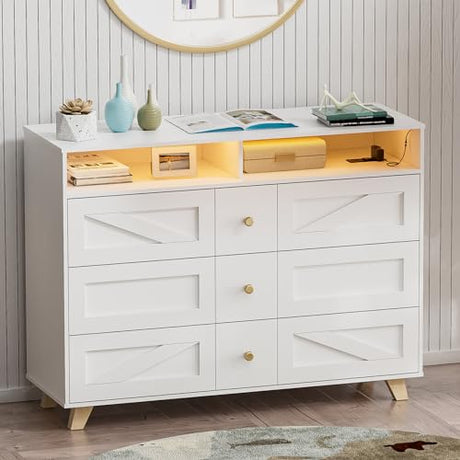 PAKASEPT Farmhouse White Dresser with Led Lights for Bedroom w/6 Drawers & Wide Chest of Drawers, Rustic Dresser TV Stand w/Shelf, Dresser Organizer for Bedroom, Living Room, Entryway, White PAKASEPT