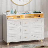 PAKASEPT Farmhouse White Dresser with Led Lights for Bedroom w/6 Drawers & Wide Chest of Drawers, Rustic Dresser TV Stand w/Shelf, Dresser Organizer for Bedroom, Living Room, Entryway, White PAKASEPT