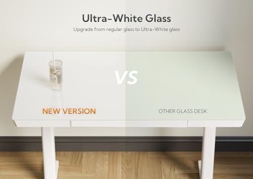 Claiks Glass Standing Desk with Drawers, 48×24 Inch Adjustable Stand Up Desk, Quick Install Home Office Computer Desk with USB Ports, White Claiks