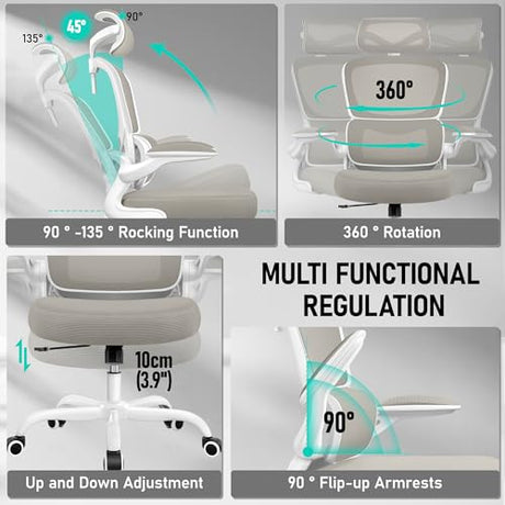 BESTFAIR High Back Ergonomic Office Chair, Breathable Mesh Desk Chair with Lumbar Support, Adjustable Headrest, Flip-up Armrests, Computer Gaming Chair, (LightGray, 1Pack) BESTFAIR