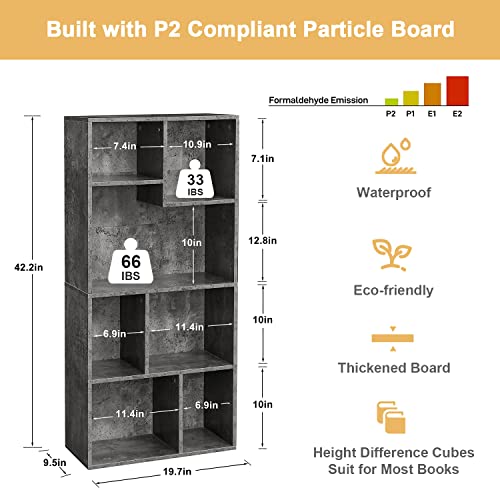 VECELO 42" Modern Gray Bookshelf - 7-Cube Organizer for Tall Hardcovers, Easy Assembly - WoodArtSupply