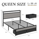 Fluest Queen Bed Frame,Queen Bed Frame with Storage Headboard & 2 Storage Drawer, Charging Station & LED Light, No Box Spring Needed, Noise Free, Easy Assembly, Rustic Grey Fluest