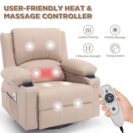 Comermax Faux Leather Swivel Rocker Recliner with Heat and Massage Cup Holders, Overstuffed Rocking Glider Chair Heated Massaging Reclining Chair,Beige Comermax