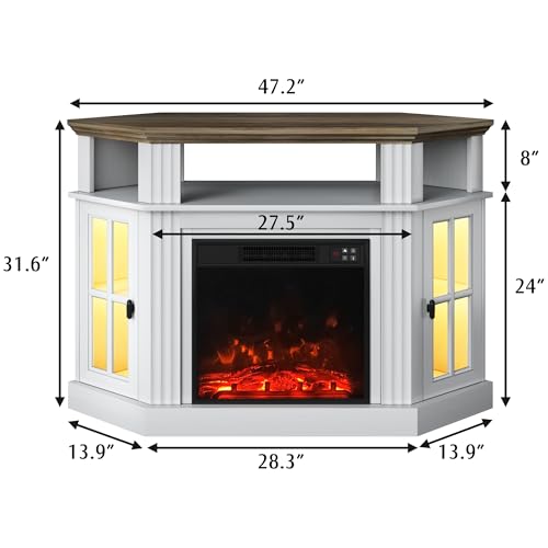 YESHOMY LED Corner Fireplace TV Stand with Mood Lighting, for TVs up to 55" with Storage Cabinets, Entertainment Center, Media Console for Living Room, Bedroom, White＆Rustic YESHOMY