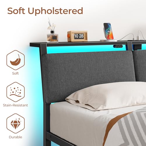 Rolanstar Full Size Bed Frame with Ergonomic Headboard Storage & Charging Station, Upholstered Platform Bed with LED Light & Drawer, Heavy Duty Metal Slats, Noise Free, No Box Spring Needed, Grey Rolanstar