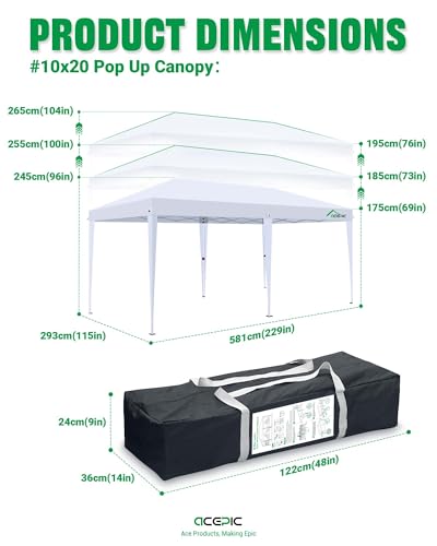 Acepic 10x20 Pop Up Canopy Tent with 6 Removable Sidewalls, One-Push Center Lock Design, Commercial Grade Waterproof Party Gazebo, UV Protection Outdoor Event Shelter with Church Windows, White Acepic