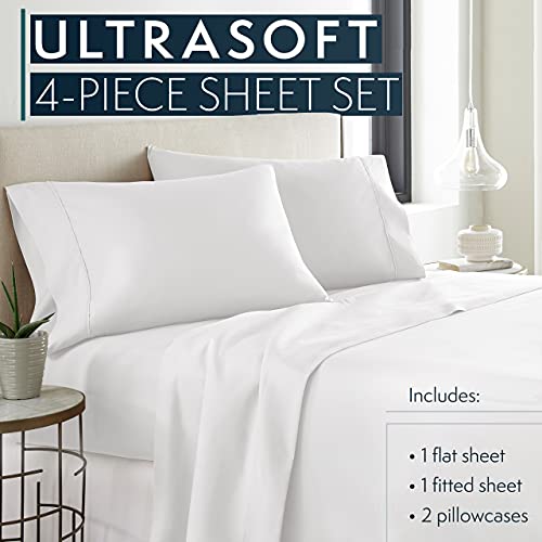 HC COLLECTION Bed Sheets Set King with 2 Pillowcases, Hotel Luxury Platinum 1800 Series Brushed Microfiber Sheet w/Deep Pocket, Ultra Soft Lightweight 4 Pcs Linen Bedding for Hot Sleepers, White