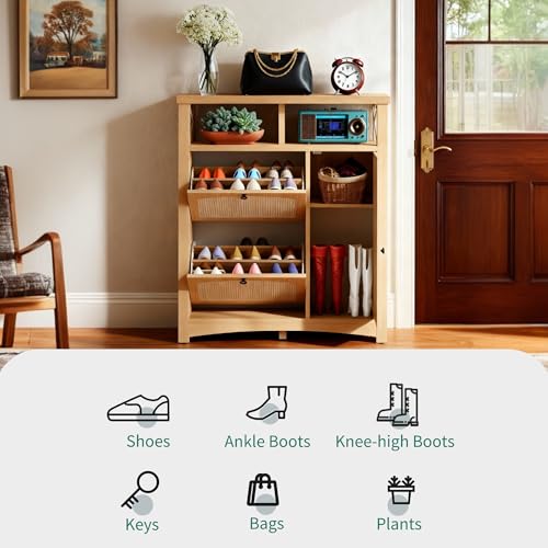 YITAHOME Farmhouse Shoe Cabinet with 2 Flip Drawers, Rattan Shoe Rack w/Adjustable Shelves and Open Storage, Rustic Wood Entryway Organizer for Hallway, Foyer, Porch, Living Room, Light Oak YITAHOME