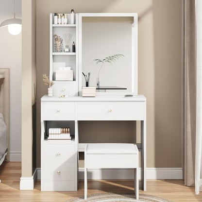 Elevon Small Makeup Vanity Desk with Sliding Mirror and Chair, Vanity Table with 5 Drawers & 4 Shelves Dressing Desk with No Light for Bedroom Furniture, White