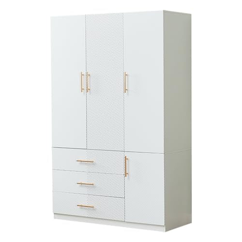 Idealcabin 3 Doors White Modern Wardrobe Armoire Wooden Closet Cabinet with Hanging Rod ShelvesBedroom Clothes Storage Organizer Bathroom Wood Closet with 3 Drawers (20.3" D x 47.2" W x 74.2" - WoodArtSupply