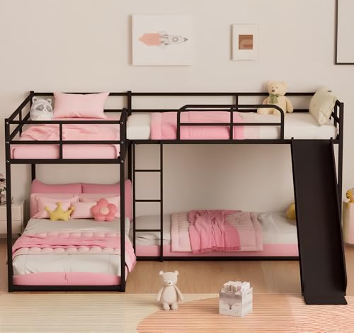 AiHMEi Metal Bunk Beds with Slide L-Shape Bunk Bed with Length Guardrail and Ladder for 4 Twin(78.74" x 35.43") Over Twin Bunk Bed Frame for Boys Girls Teens, Black AiHMEi