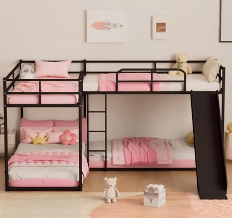 AiHMEi Metal Bunk Beds with Slide L-Shape Bunk Bed with Length Guardrail and Ladder for 4 Twin(78.74" x 35.43") Over Twin Bunk Bed Frame for Boys Girls Teens, Black AiHMEi