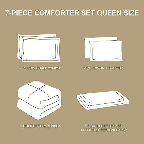 WONGS BEDDING Brown Comforter Set Queen,7 Pieces Bed in a Bag Abstract Art Gradient Comforter Soft Microfiber Bedding Set -1 Comforter, 1 Flat Sheet, 1 Fitted Sheet, 2 Pillow Shams,2 Pillowcases WONGS BEDDING