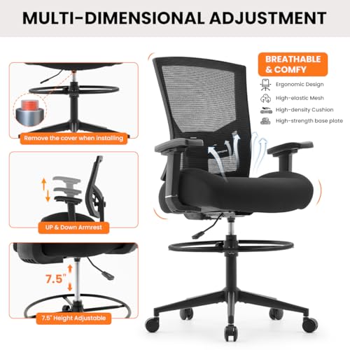 500lbs Drafting Chair,Big and Tall Office Chair for Standing Desk with Wide Seat,2D Adjustable Lumbar Support,Ergonomic Office Chair with Footrest for Home,Drawing or Counter Height Use BOSMILLER