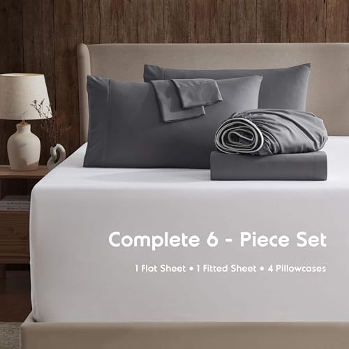 Nestl Extra Deep Cal King Sheet Set - 6 Piece Breathable & Cooling Sheets - Hotel Luxury Bedding Set w/18-24 Inch Deep Pockets - Easy & Secure Fit - Super Soft, Wrinkle Free & Comfy - Dark Gray Nestl