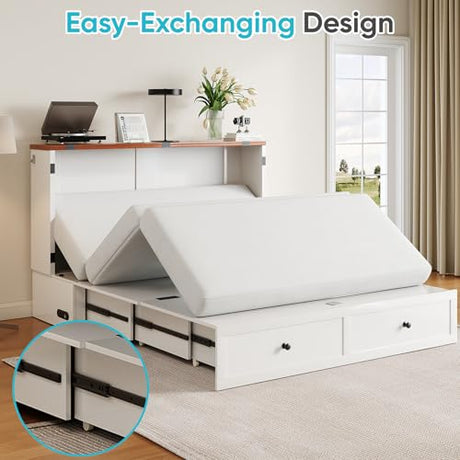 CECER Queen Size Murphy Bed with Tri-Folding Mattress，Murphy Bed with Charging Station and Two Large Storage Drawers for Small Spaces/Bedroom（White） CECER