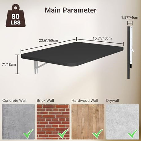 Neoaider Wall Mounted Folding Desk 23.6” x 15.7”, Drop Down Table with Metal Collapsible Brackets, Folding Wall Table for Small Spaces, Home, Office, Kitchen, Laundry Room-Black Neoaider