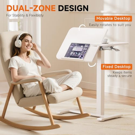 COMHOMA Tiltable Mobile Small Standing Desk, Pneumatic Adjustable Height Overbed Bedside Table with Wheels, Sit Stand Portable Rolling Laptop Desk Computer Workstations, White COMHOMA
