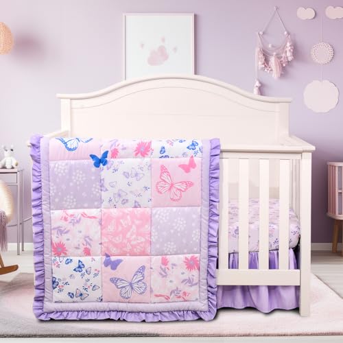 Cloele Crib Bedding Set for Girls, 3 Pieces Floral Butterfly Baby Bedding Set -Includes Comforter Fitted Sheet Crib Skirt,Standard Size Nursery Baby Crib Set for Girls,Purple Cloele