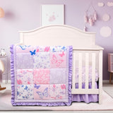 Cloele Crib Bedding Set for Girls, 3 Pieces Floral Butterfly Baby Bedding Set -Includes Comforter Fitted Sheet Crib Skirt,Standard Size Nursery Baby Crib Set for Girls,Purple Cloele