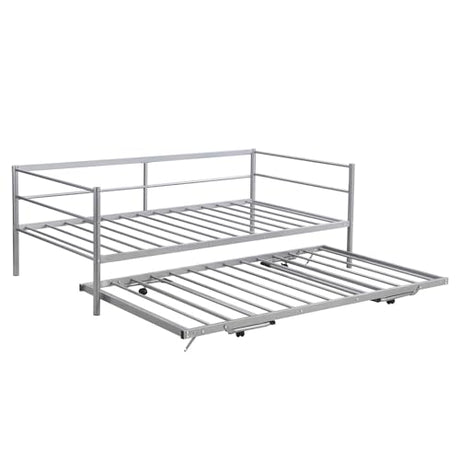 Nahenduo Twin Size Daybed with Pop up Trundle & Adjustable LED Lights, Futon Frame Bed, Metal Sofa Bed Frame for Living Room Bedroom Guest Room, Small Space, No Box Spring Needed (Sliver) Nahenduo