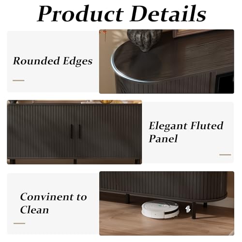Kucreiheat 65" Fluted Fireplace TV Stand, Modern Entertainment Center for TVs Up to 75 inch, TV Console with Sliding Door, Curved Profile Design, Media Console for Living Room, Black Kucreiheat