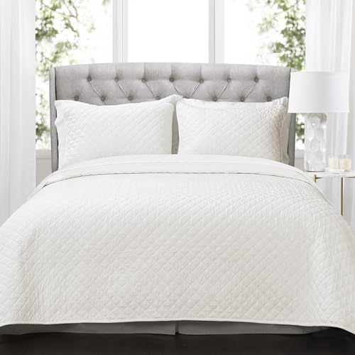 Lush Decor Ava Quilt Diamond Pattern Solid 3 Piece Oversized Bedding Blanket Bedspread Set - King - White Lush Decor