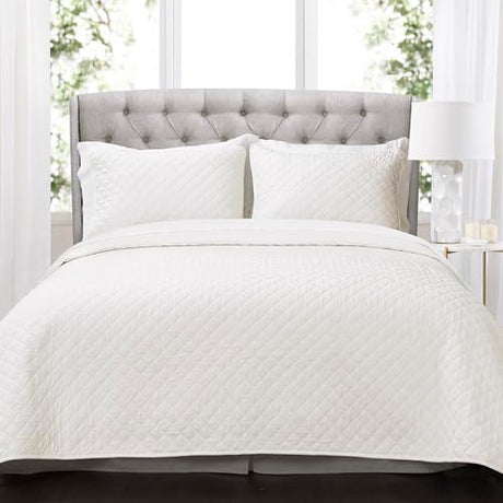 Lush Decor Ava Quilt Diamond Pattern Solid 3 Piece Oversized Bedding Blanket Bedspread Set - King - White Lush Decor