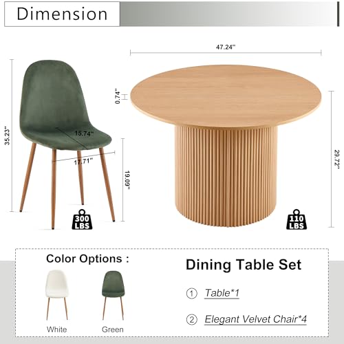 somedream Dining Table Set for 4, Mid Century Modern 47 Inch Wooden Round Dining Table Set, Space Saving (Table + 4 Green Chairs) somedream