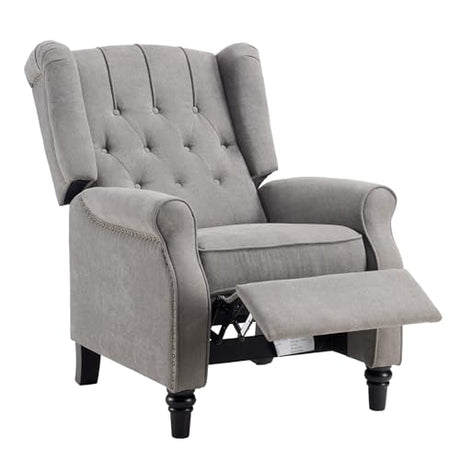 EBELLO Push Back Recliner Chair, Fabric Accent Chair Pushback Recliner with Rivet Decoration, Button-Tufted Back, Mid Century Wingback Armchair for Living Room, Bedroom, Grey EBELLO