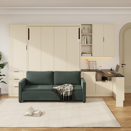 Quarte Queen Size Murphy Bed with Hydraulic Lift, Foldable Wall Bed with Sofa, Storage Shelves, USB Charging & LED Lighting, Space-Saving for Small Apartments Bedroom (Beige+Green Sofa) Quarte