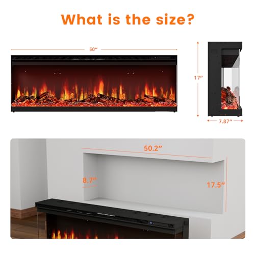 3 Sided Electric Fireplace, 50" Smart WiFi Fire Place Mount/Built-in, 12 Realistic Flame Colors, 5 Color Brightness, 1500W with Timer Remote Control, Log, Crystals JINJUNYE