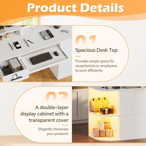 PAKASEPT Reception Desk with Counter for Retail & Checkout,Modern Reception Counter with LED Lights,Drawers,Open Shelves,Retail Counter with Storage for Countertop,Beauty Salon,Shop,Bar(White Small)