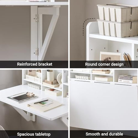 Haotian Wall Mounted Folding Table Drop-Leaf Floating Trestle Desk Computer Writing Workstation with Storage Compartments, White FWT07-II-W Haotian