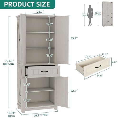 YITAHOME 72.6" H Farmhouse Kitchen Pantry Cabinet, Freestanding Tall Storage Cabinet with 4 Doors, Drawer and Adjustable Shelves, Tall Cupboard for Dining Room, Living Room, White Oak YITAHOME