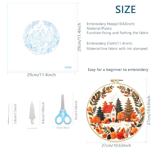 Zhenqing Autumn Cottage Squirrel Embroidery Kit for Beginners - 29x29cm Printed Fabric with Hoop & Full Tools (C0058)