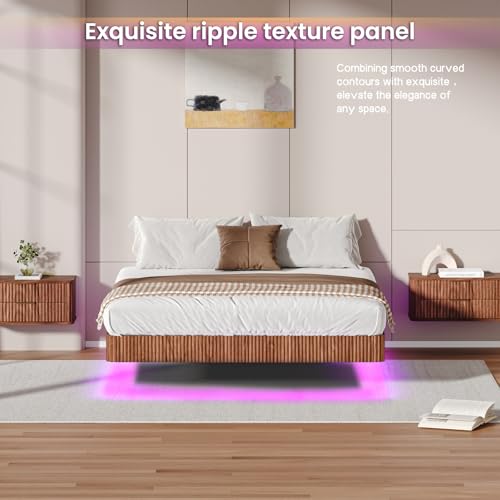 Bellemave Queen Floating Bed Frame with LED Lights, Walnut Wood Floating Bed Frame Queen, Wave Curve Wood Texture Bed with Heavy Duty Metal Slats Bellemave