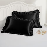 P Pothuiny 3-Piece Set Ruffle Satin Pillowcases & Queen Fitted Sheet, Luxury Black Satin Fitted Sheet Silky Soft Cute Bedding Bedroom Decor, Wrinkle Free, 15 Inch Deep Pocket P Pothuiny
