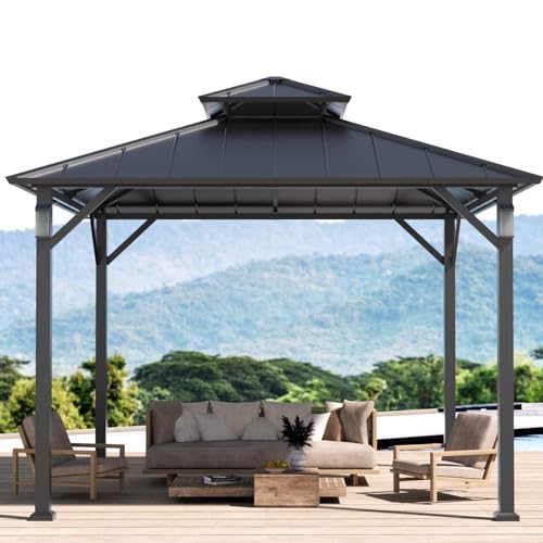 Modern Shade 10' x 10' Hardtop Gazebo Metal Gazebo Outdoor with 4 LED Lights Permanent Pavilion Hard Top Gazebo with Galvanized Steel Roof & Frame Patio Gazebo for Backyard, Deck, Garden, Law - WoodArtSupply